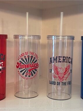 Set of 6 Clear plasticPatriotic America Tumbler with Straw - Red & Blue Graphics